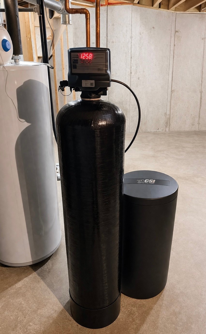 Water softener system with black cylindrical tank, digital display showing 1250, and brine tank in basement utility room
