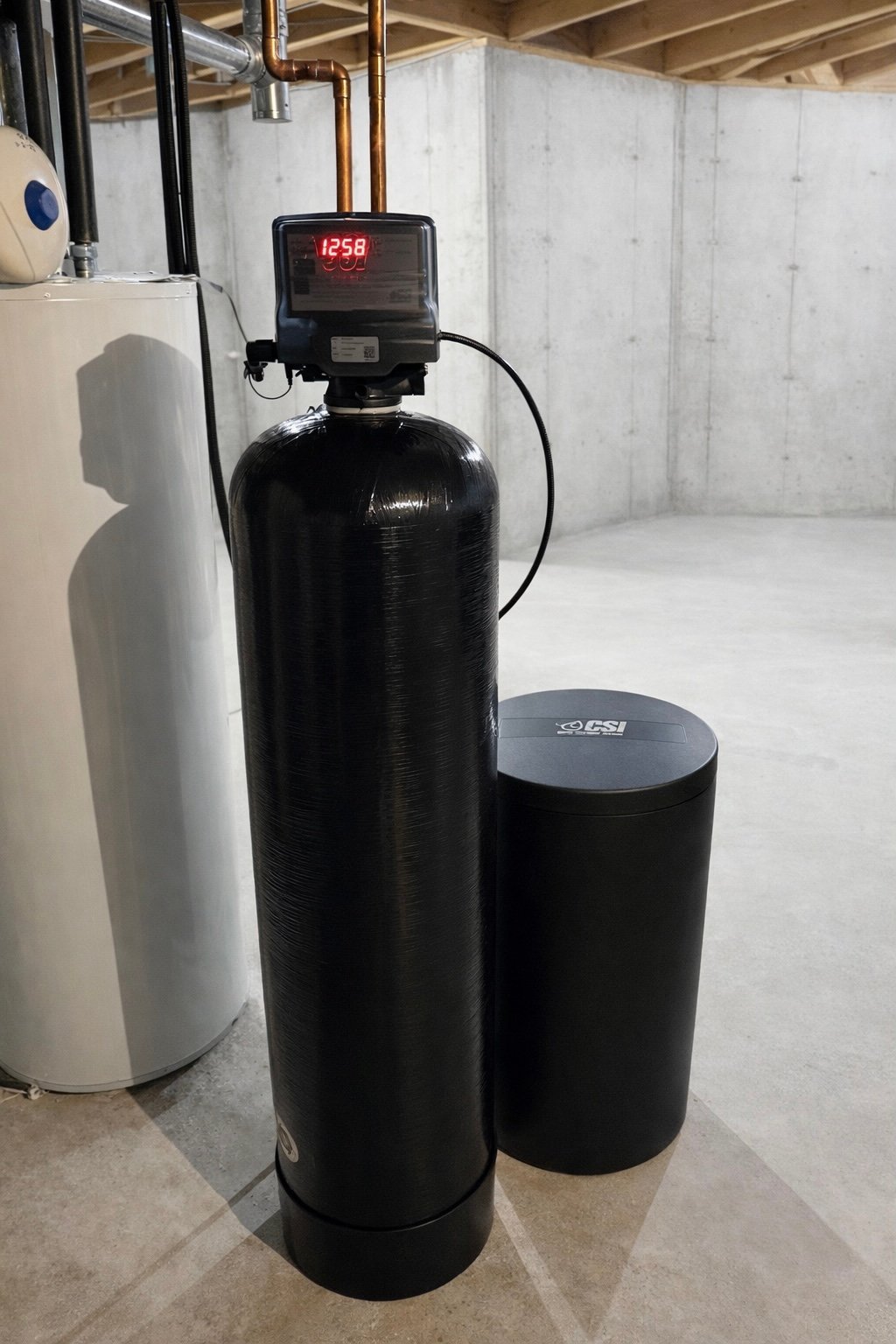 Water softener system with black tanks and digital timer display in basement installation